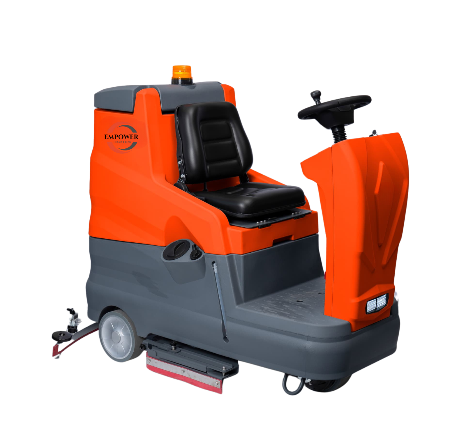 Empower Industries E-RIDER-160 Ride-On Scrubber Dryer – heavy-duty industrial cleaning machine with wide cleaning path and high-capacity tanks.